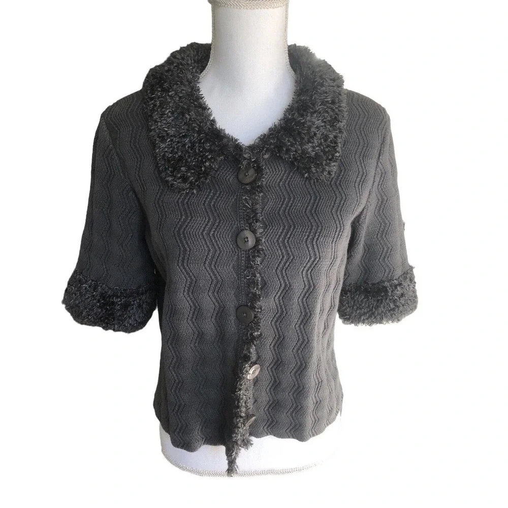 Michael Simon Rare Y2K Sweater Slate Blue Fab Buttons‎ Fur Collar Beautiful Knit